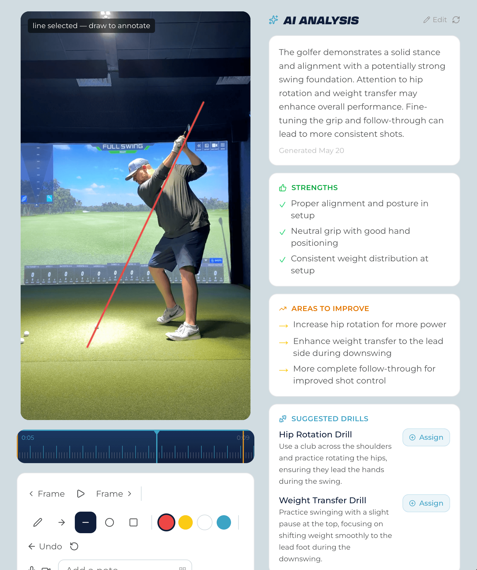 SwingRelay video annotation page with drawing tools and AI analysis on a real golf swing