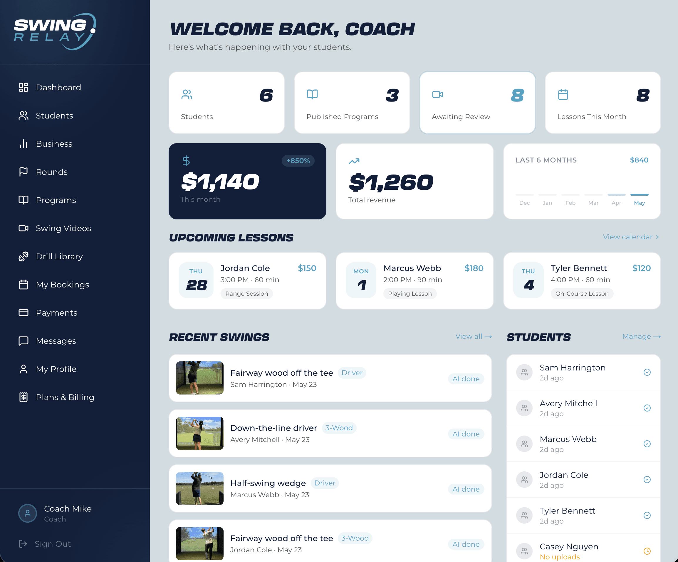 SwingRelay coach dashboard showing student activity, revenue chart, and upcoming lessons